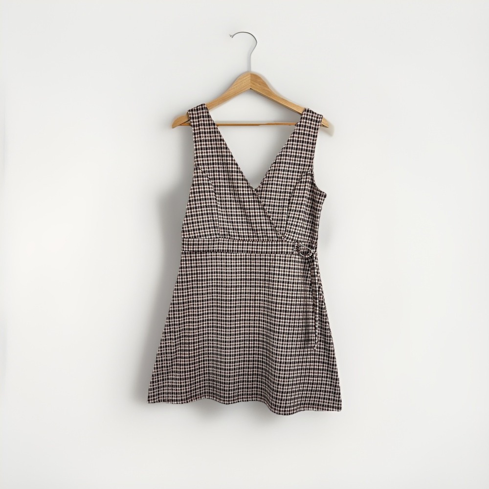 Y2K Preppy Academic Large Dress Dark Academia Houndstooth Faux Wrap Brown